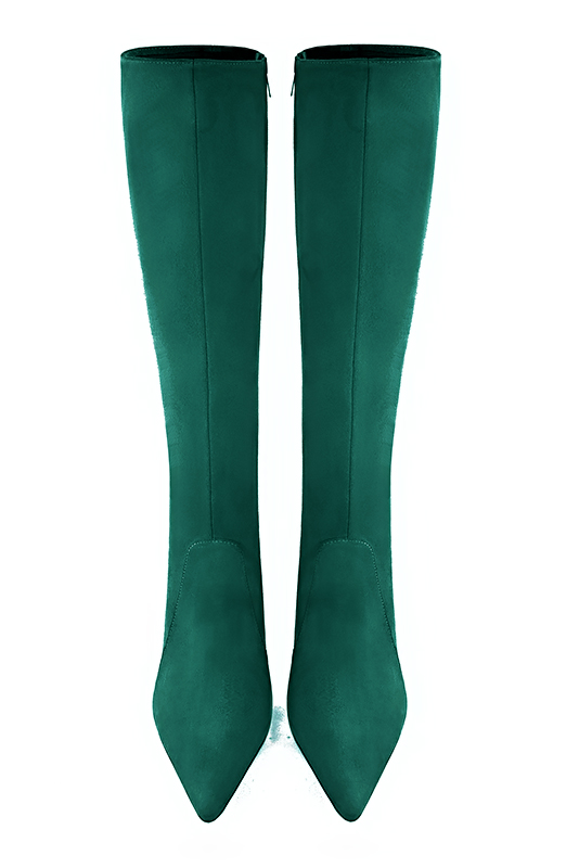 Emerald green women's feminine knee-high boots. Pointed toe. Very high spool heels. Made to measure. Top view - Florence KOOIJMAN